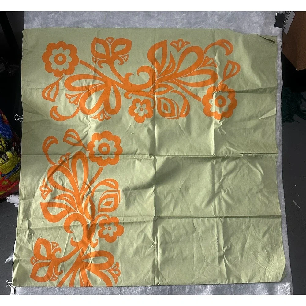 Vintage Maori Tahiti Fabric Panel Orange Floral Design Green 70